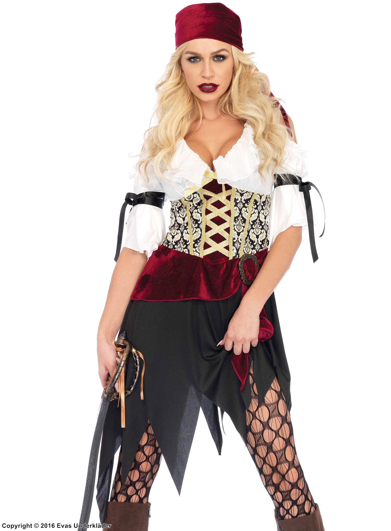 Kvinnlig pirat, maskeradklänning med cold shoulder, satinrosett, snörning och midjeband